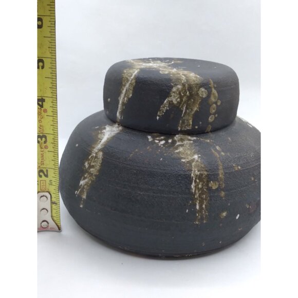 Modernist Studio Pottery Splatter Paint On faux lidded Vase signed Abrams? '73 - Picture 5 of 16